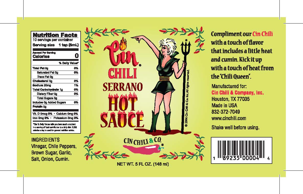Cinderosa Ranch Cin Chili Serrano hot sauce bottle with bright label, showcasing vibrant orange and green chili peppers on the label.