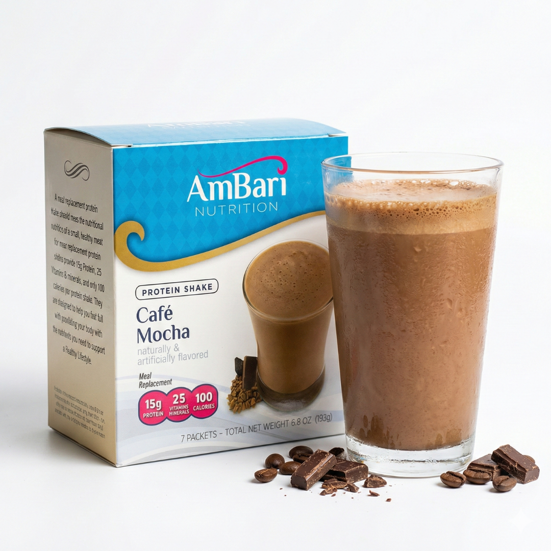 AmBari Nutrition Cafe Mocha Shake with 15g protein, creamy coffee-flavored meal replacement in a ready-to-drink bottle.