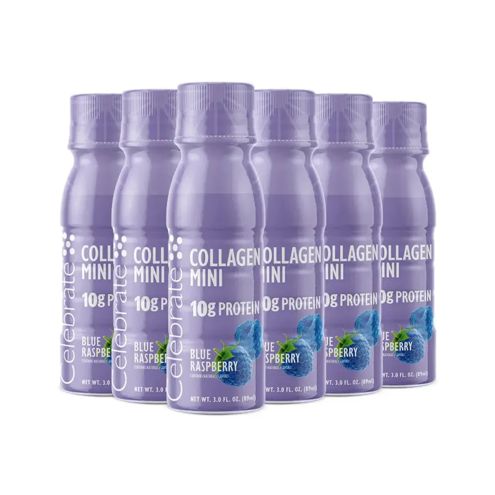 Celebrate Collagen Mini 10g Protein Shots by AmBari Nutrition, showing small drink bottles with colorful labels on a white background.