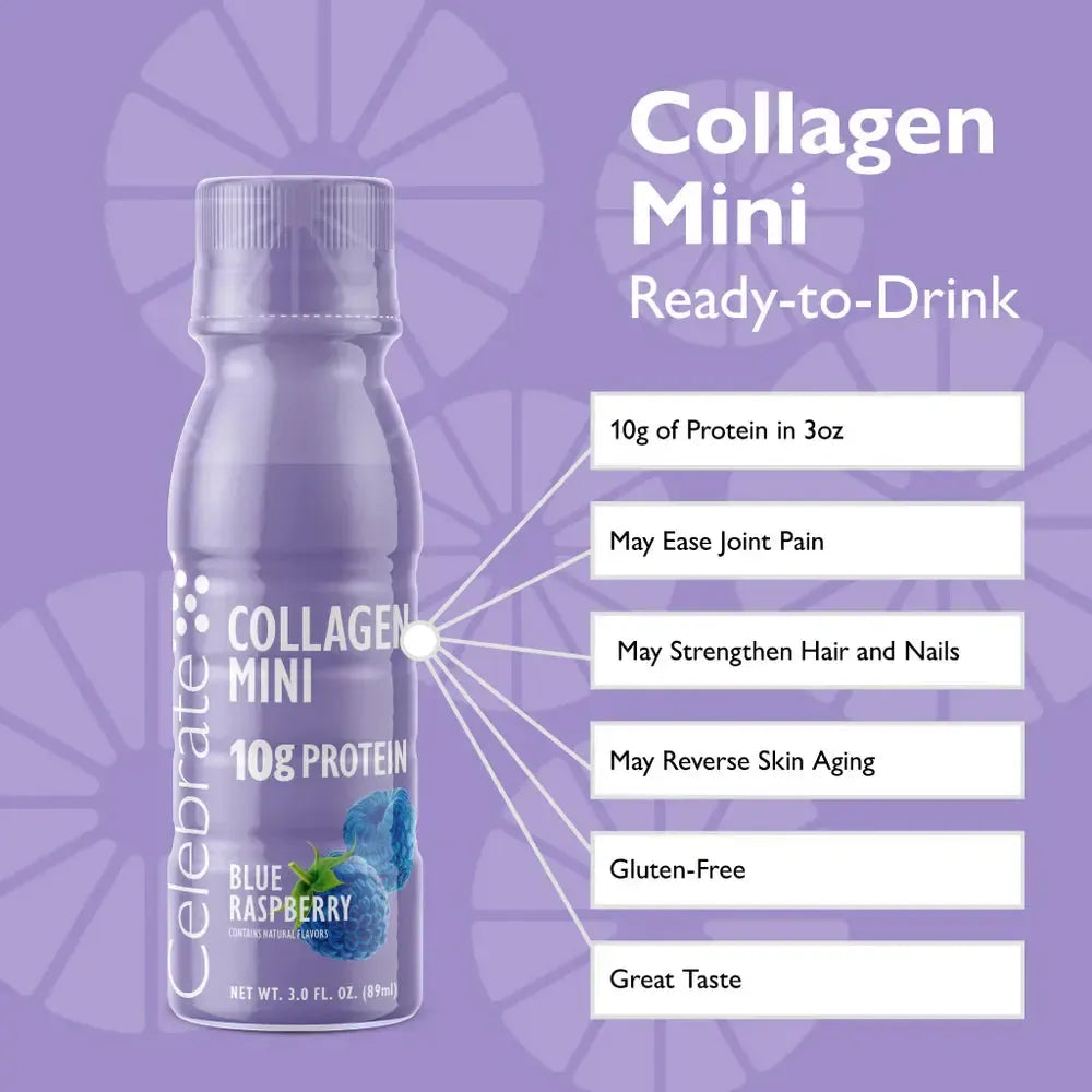 Celebrate Collagen Mini 10g Protein Shots by AmBari Nutrition, showing small bottles of collagen protein drinks with colorful labels.