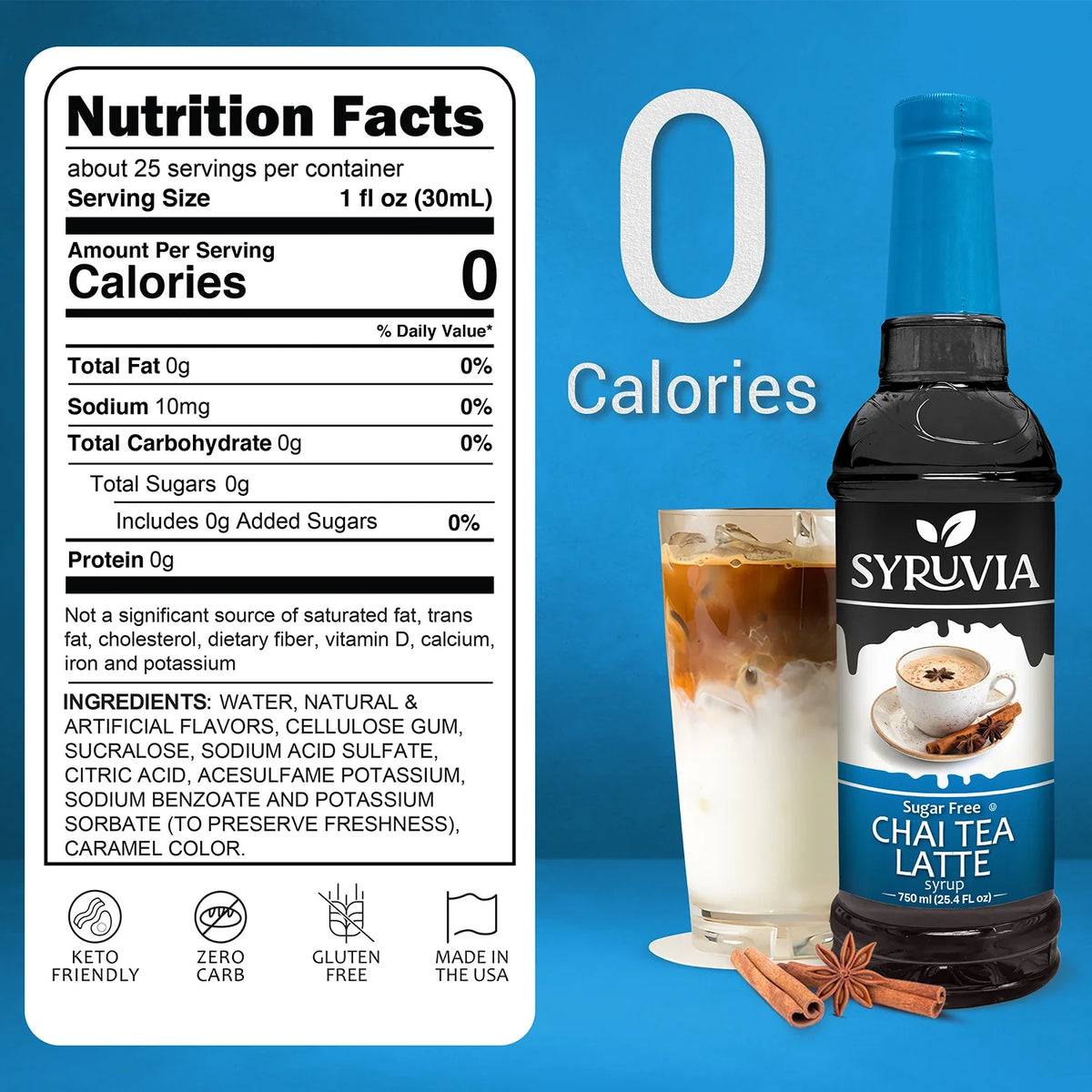Sweetened chai tea latte made with Syruvia sugar-free chai tea syrup in a clear glass mug.