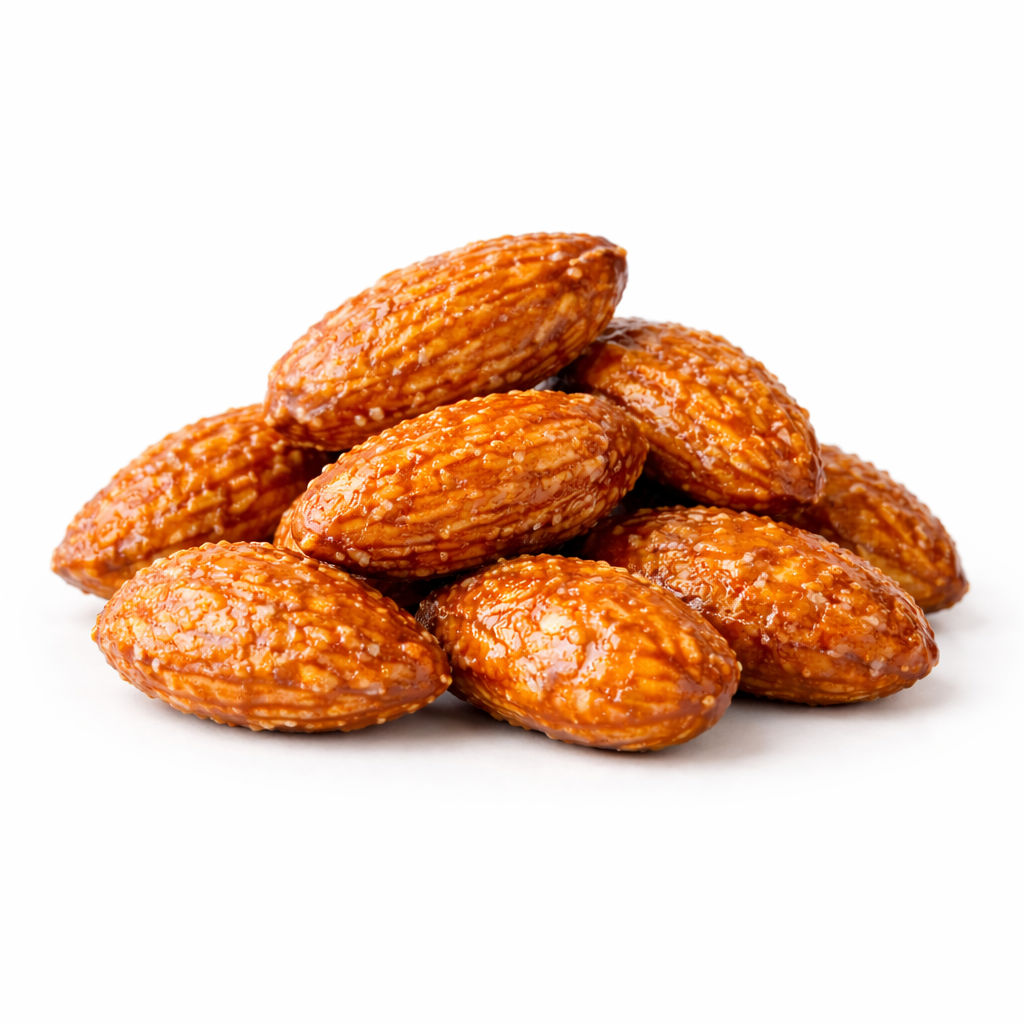 Honey glazed almonds snack in bulk from Candy In Bulk, showing a close-up of shiny, coated almonds in a clear bag.