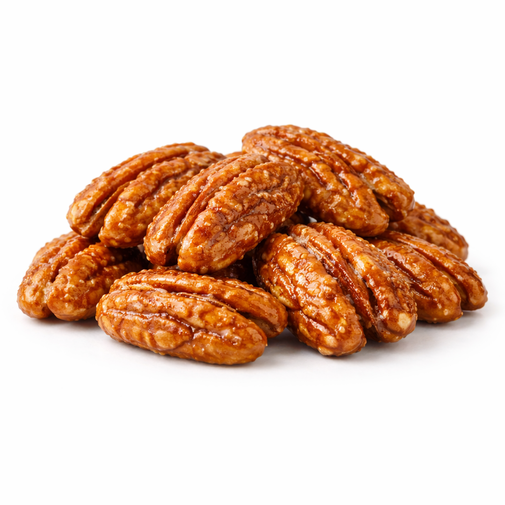 Honey glazed pecans in bulk, Candy In Bulk brand, showcasing a nut snack with a shiny, glazed coating in a large bag.