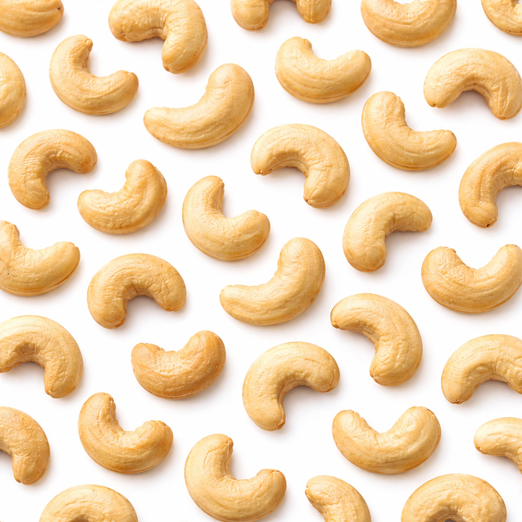 Raw cashews in a bulk snack bag, showcasing light beige, creamy nuts from Candy In Bulk on a neutral background.