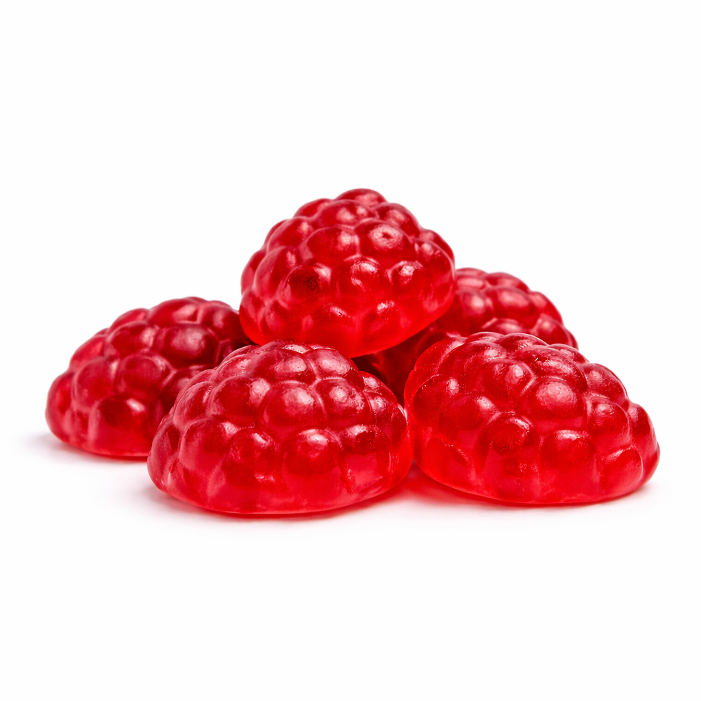 Assorted raspberry-flavored gummy candies from Candy In Bulk in a large value bag, colorful and chewy treats.