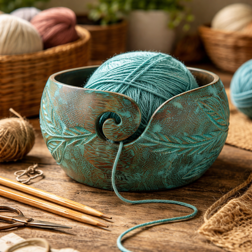 Darn Good Yarn Isabelle Collection wooden yarn bowl in patina blue-green with smooth, rounded edges and a slit for yarn.
