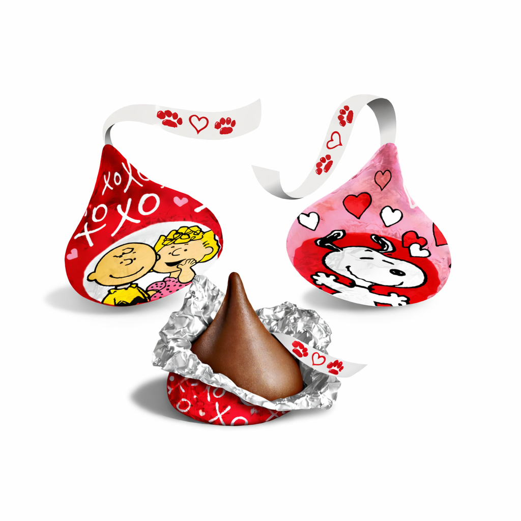 Hershey’s Kisses Milk Chocolate Snoopy Valentine’s Edition in a bulk Candy In Bulk bag, featuring iconic Snoopy character on the packaging.