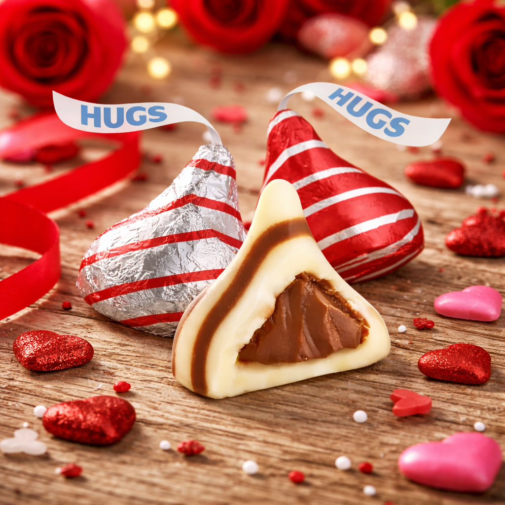 Hershey’s Hugs milk chocolate with white creme in bulk, Valentine’s Edition, featuring the signature hugs and creamy filling.
