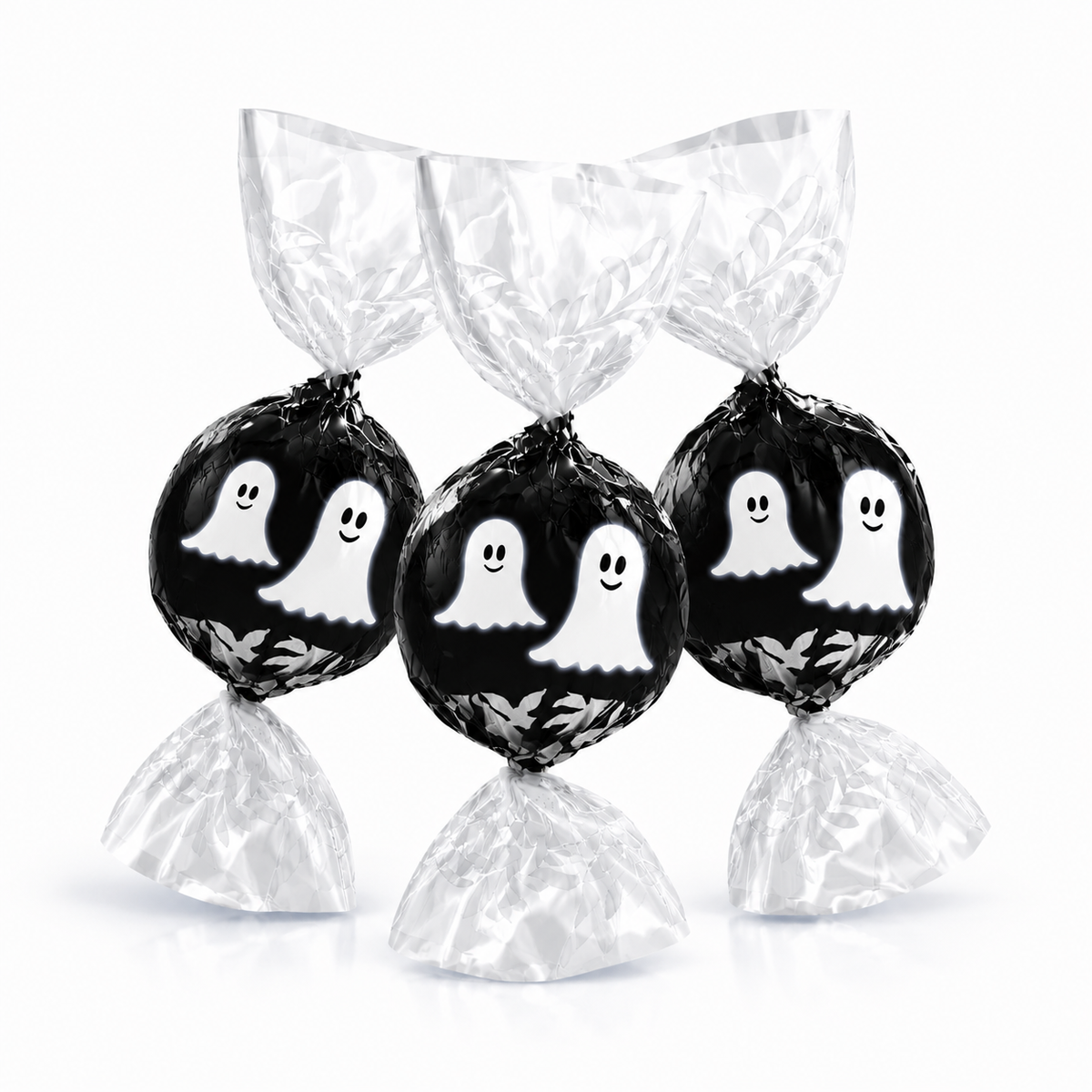 Lindt LINDOR Halloween Ghost milk and white chocolate truffles in a bulk Candy In Bulk package, featuring ghost-shaped wrappers.