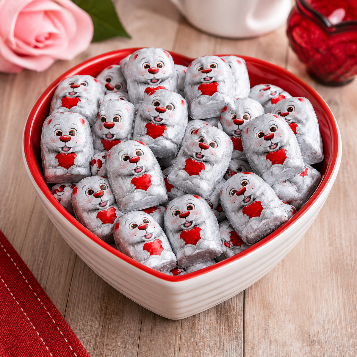 Kinder Mini Friends milk chocolate candies with milky filling, individually wrapped, in a bulk value bag from Candy In Bulk.