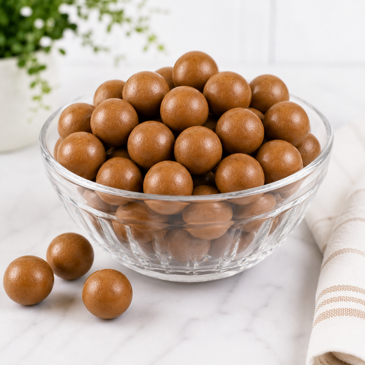 Assorted peanut butter milk chocolate malt balls in a bulk candy bag, showcasing smooth chocolate coating and crunchy malt center.