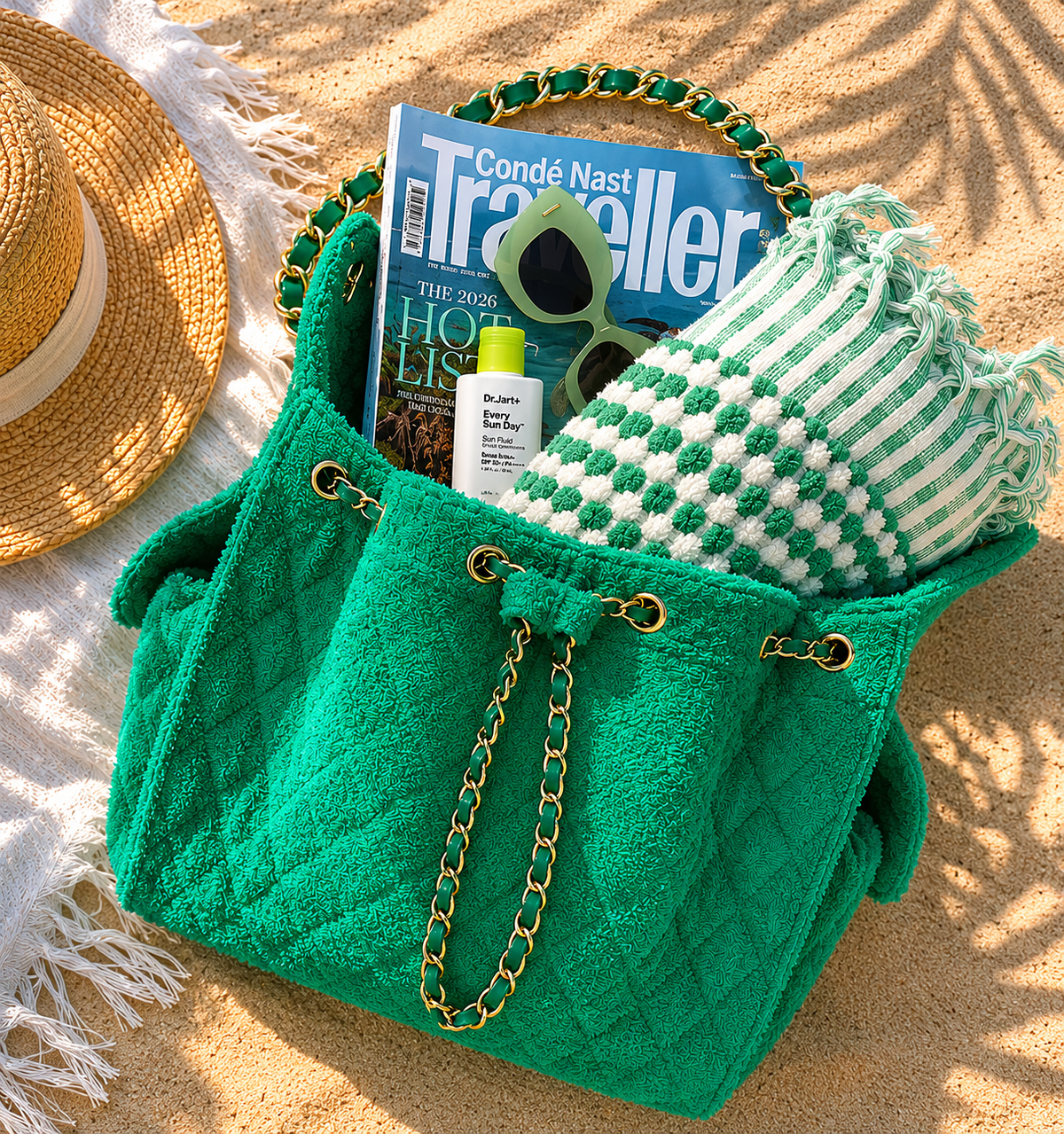Medium Kelly Green Bayshore Bucket by BEACH HAUS, showing a stylish woven bucket hat with a wide brim and decorative band.