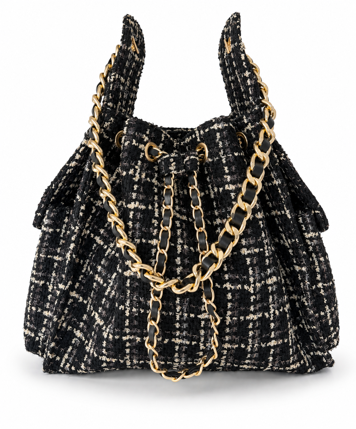 Medium Bayshore Bucket Bag by BEACH HAUS in black tweed, featuring a stylish, textured fabric and a classic bucket shape.