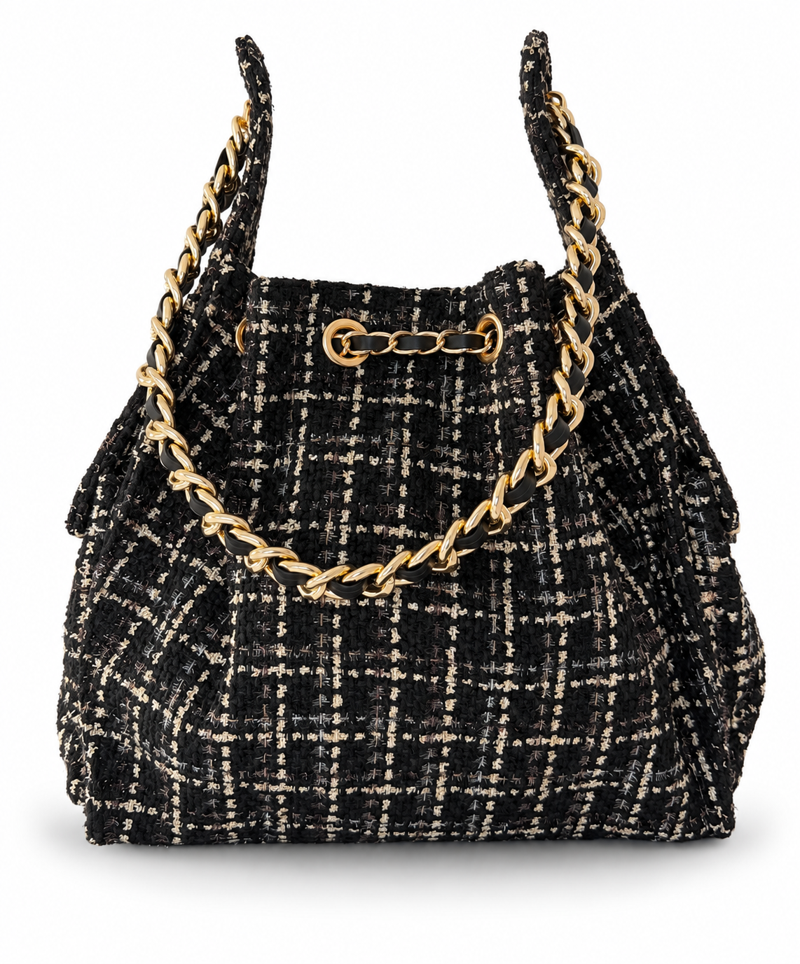 Medium Bayshore Bucket Bag by BEACH HAUS in black tweed with a structured shape and stylish design.