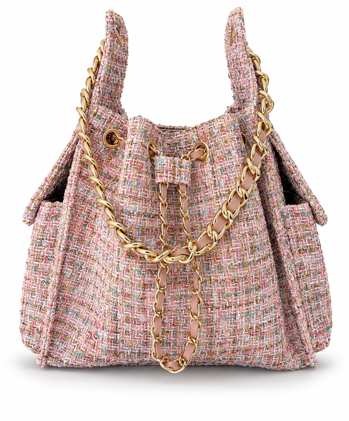 Medium Bayshore Bucket Bag by BEACH HAUS in pink confetti tweed with a woven handle and drawstring closure, stylish and versatile for daily use.
