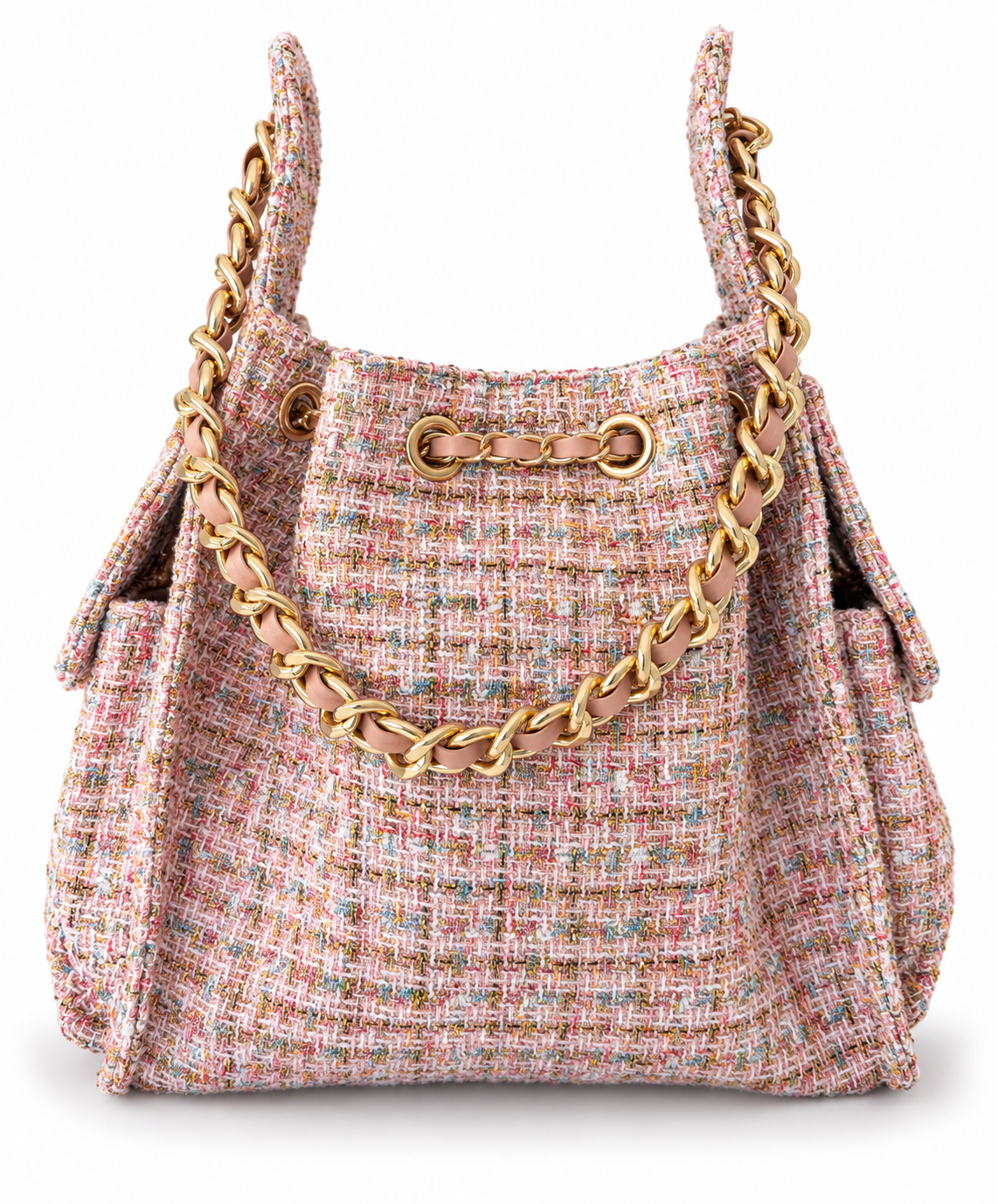 Small Bayshore Bucket Bag by BEACH HAUS in pink confetti tweed with woven handle and drawstring closure.