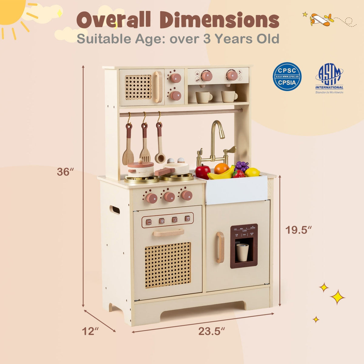Kids' pretend play kitchen by GBruno Store featuring realistic lights, sounds, stove, oven, and cooking accessories for imaginative fun.