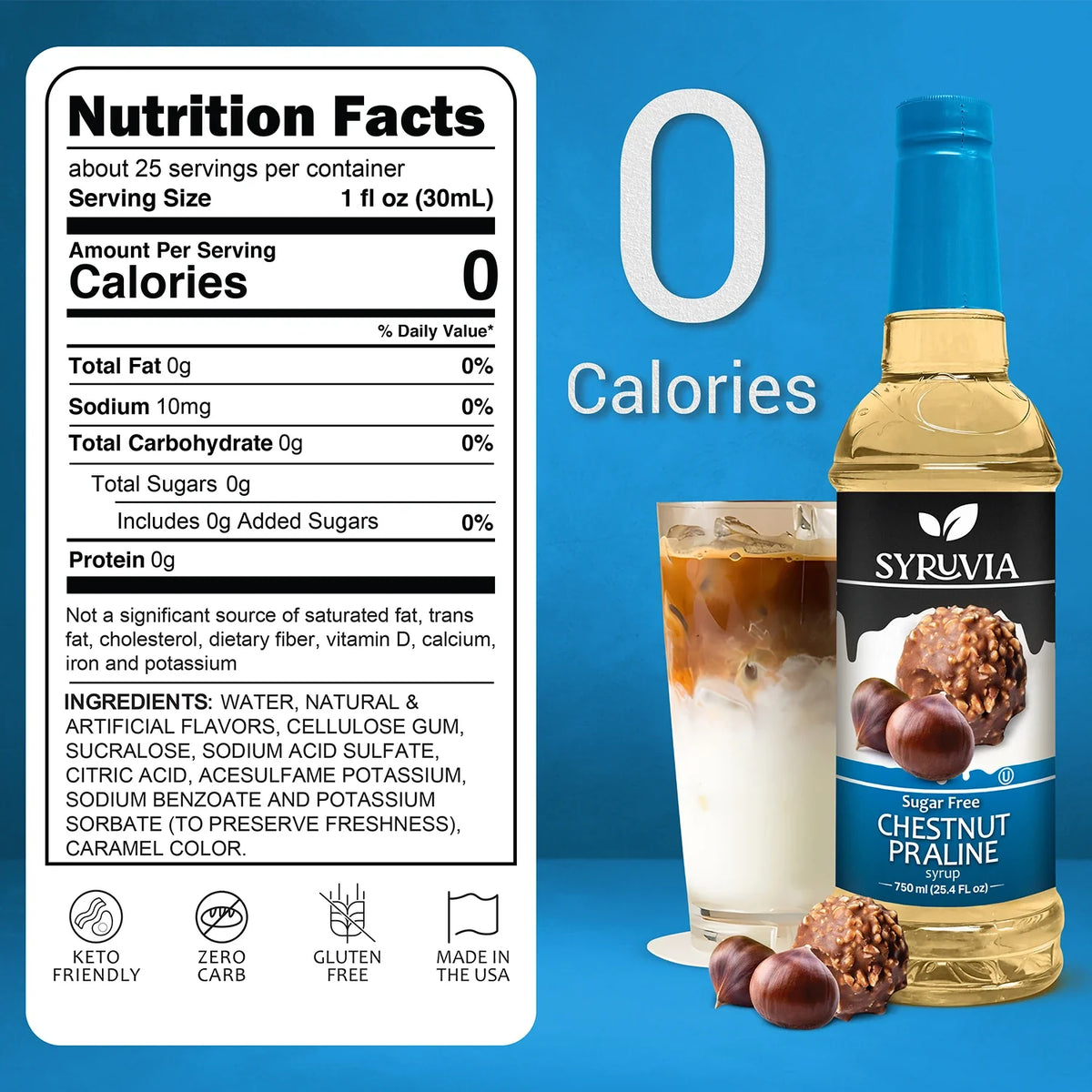 Bottle of Syruvia Sugar Free Chestnut Praline Syrup with a label showing the flavor and brand, placed on a neutral background.