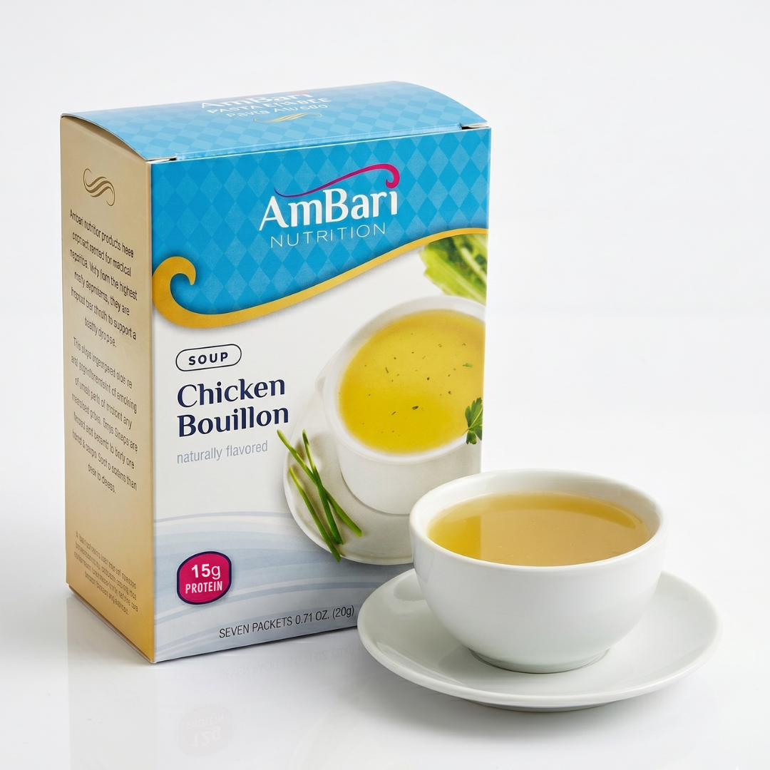 AmBari Nutrition chicken bouillon soup in a box, featuring a bowl of savory chicken broth with herbs and spices, ready to serve.