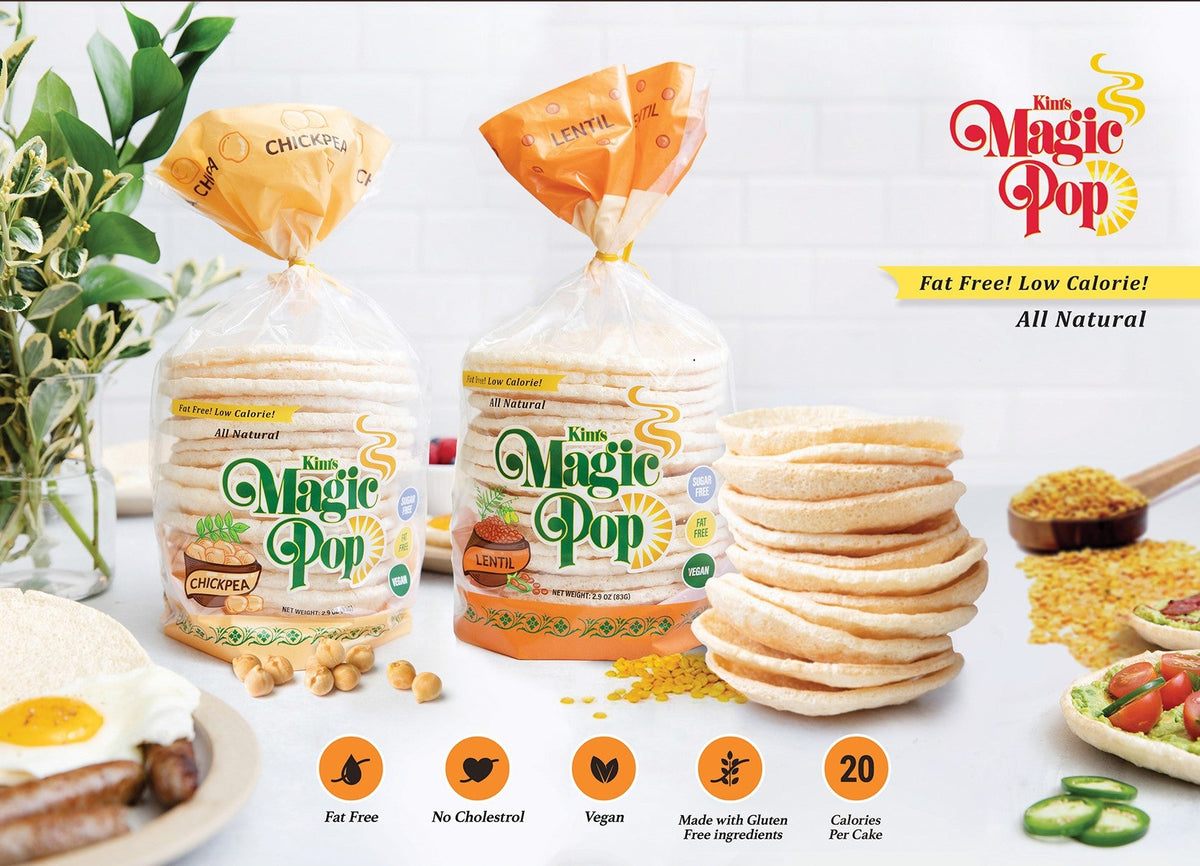 Kim's Magic Pop chickpea and lentil pops combo in colorful packaging, showcasing crunchy snack bites made from chickpeas and lentils.