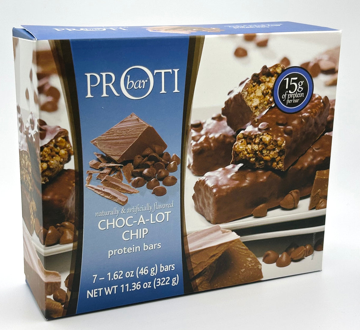 Chocolate chip protein bar from AmBari Nutrition's Choc-A-Lot Chip Bar line, showing a delicious bar with chocolate chips.