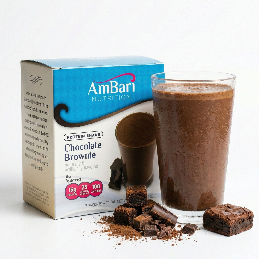 Chocolate Brownie Shake by AmBari Nutrition featuring a creamy chocolate-flavored protein shake in a glass.