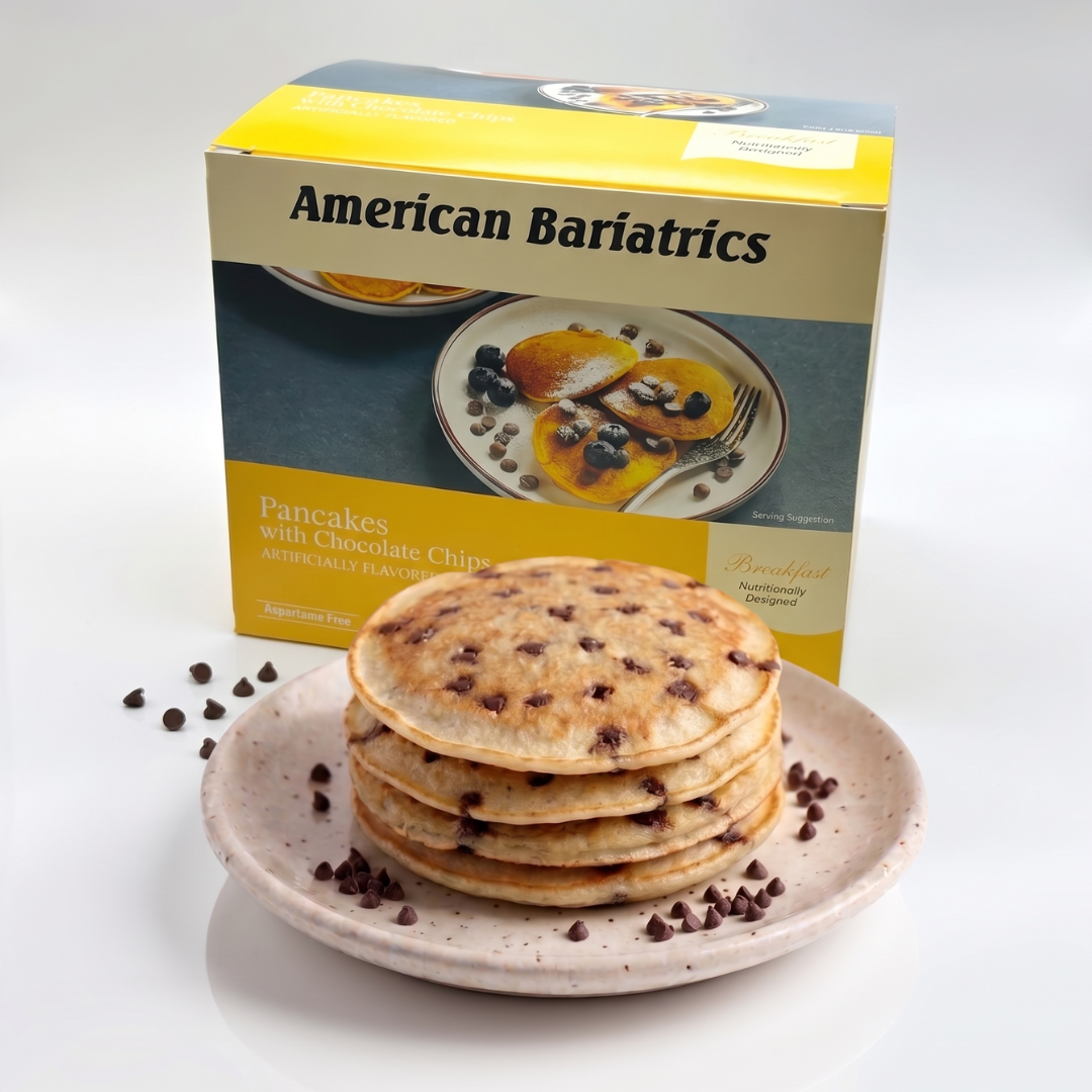 Box of AmBari Nutrition chocolate chip pancakes, ready-to-eat breakfast foods with fluffy pancakes and chocolate chip toppings.