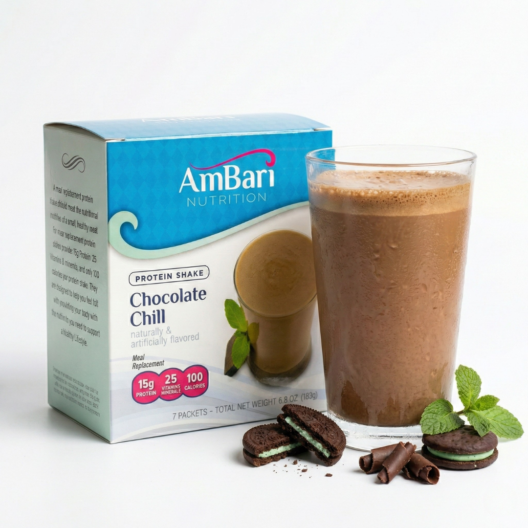 AmBari Nutrition Chocolate Chill Mint Shake with 15g protein, showing a delicious chocolate and mint flavored shake in a glass.