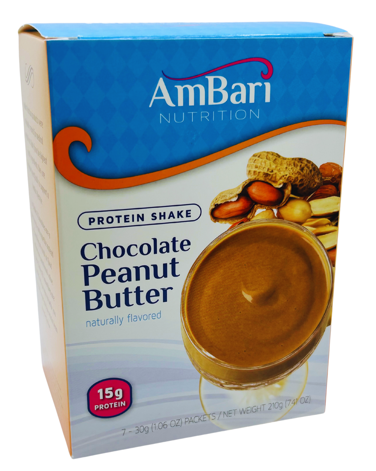 Creamy chocolate peanut butter shake by AmBari Nutrition in a glass cup, showcasing rich, smooth texture with a swirl of peanut butter.