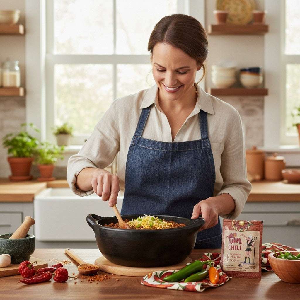 Cinderosa Ranch Cin Chili Seasoning Mix packet, featuring vibrant packaging with chili peppers and seasoning blend details.