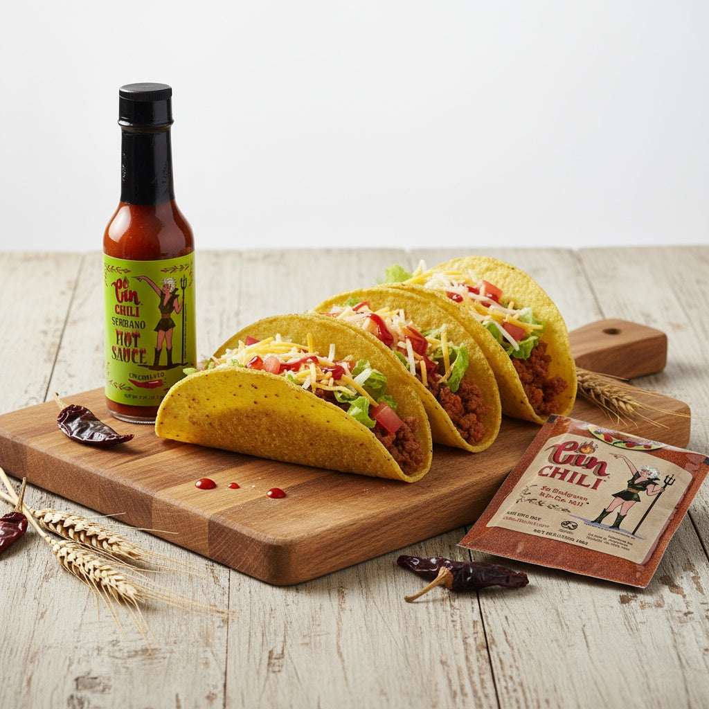 Cinderosa Ranch Cin Chili Taco Kit with taco shells, seasoning, and toppings for homemade tacos.