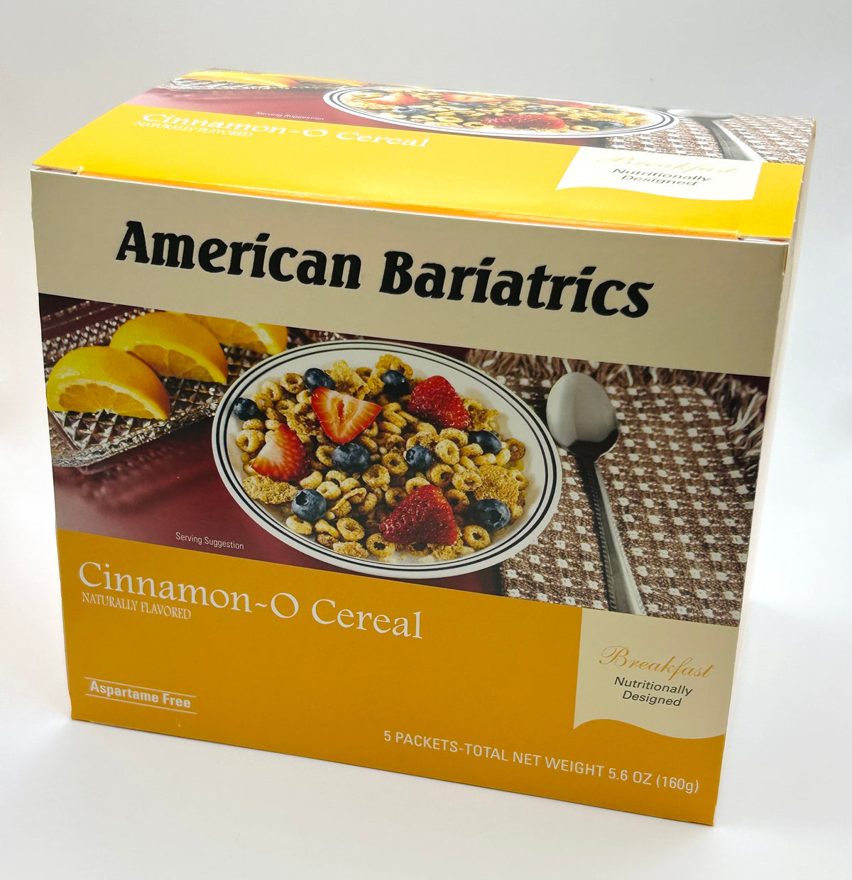 Bowl of Cinnamon-O cereal by AmBari Nutrition with cinnamon-flavored cereal pieces and milk in a white bowl.
