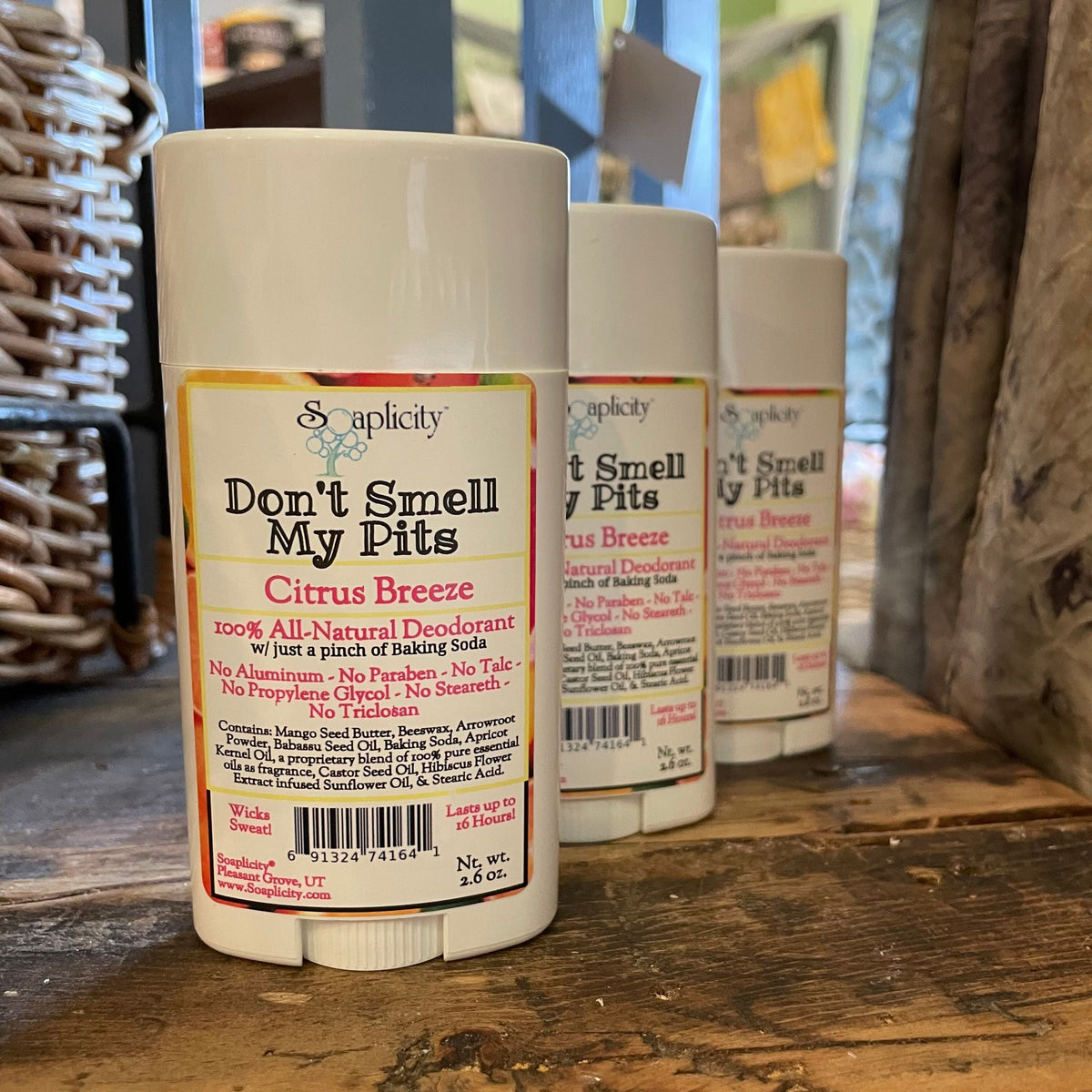 Soaplicity Don't Smell My Pits Natural Deodorant in Citrus Breeze scent, featuring a sleek stick design and fresh citrus fragrance.