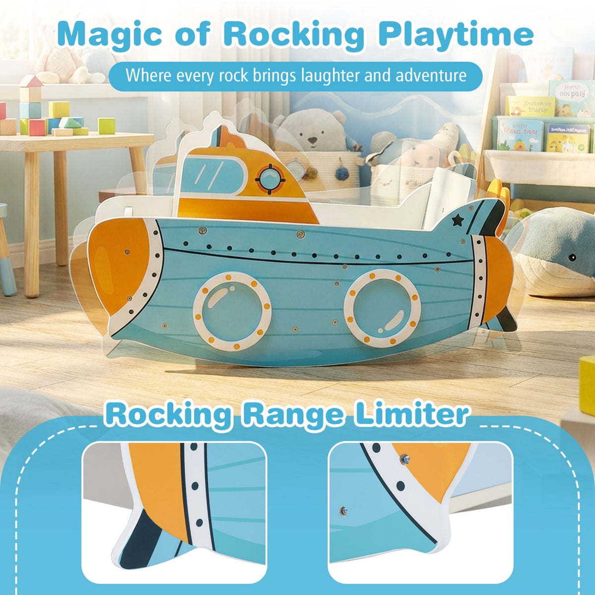 Wooden submarine rocking climber with rotating propeller, toddler climbing toy made by GBruno Store, features a playful marine design.