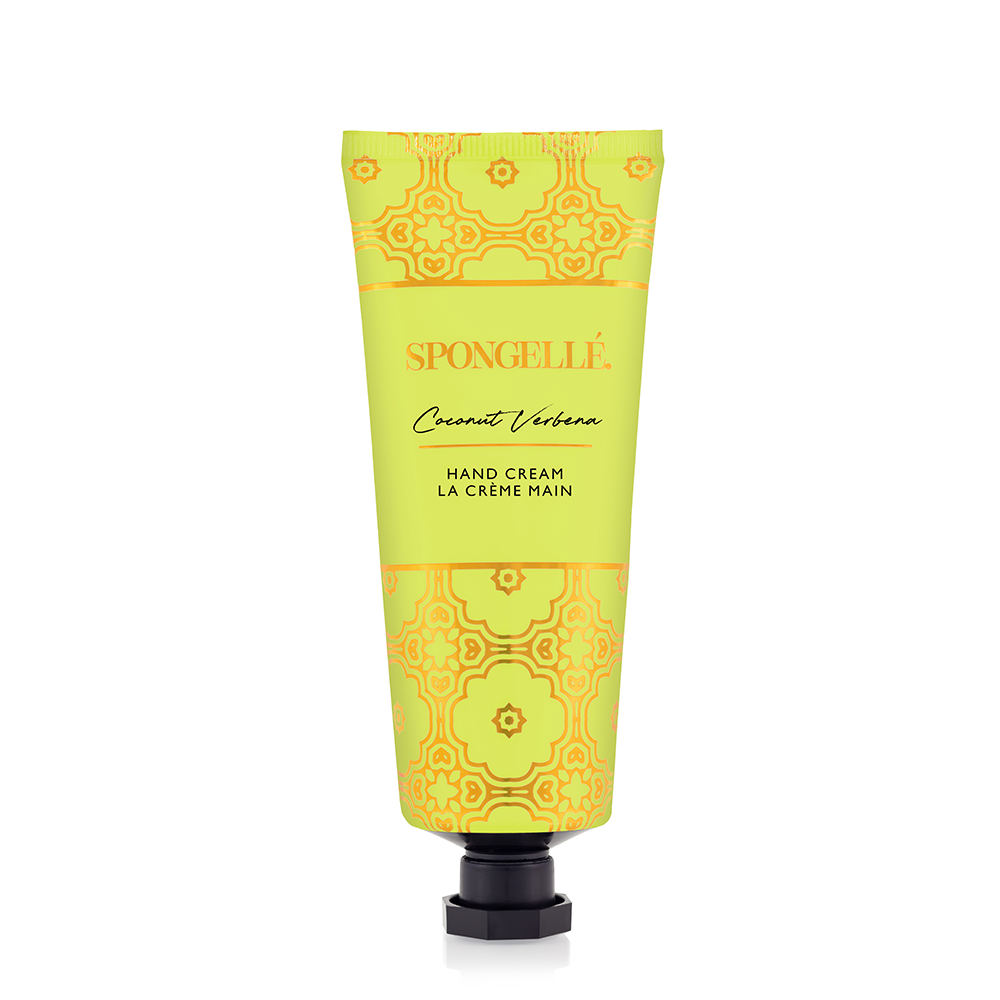 Spongellé Coconut Verbena hand cream tube featuring tropical coconut and floral verbena scent with smooth, nourishing texture.