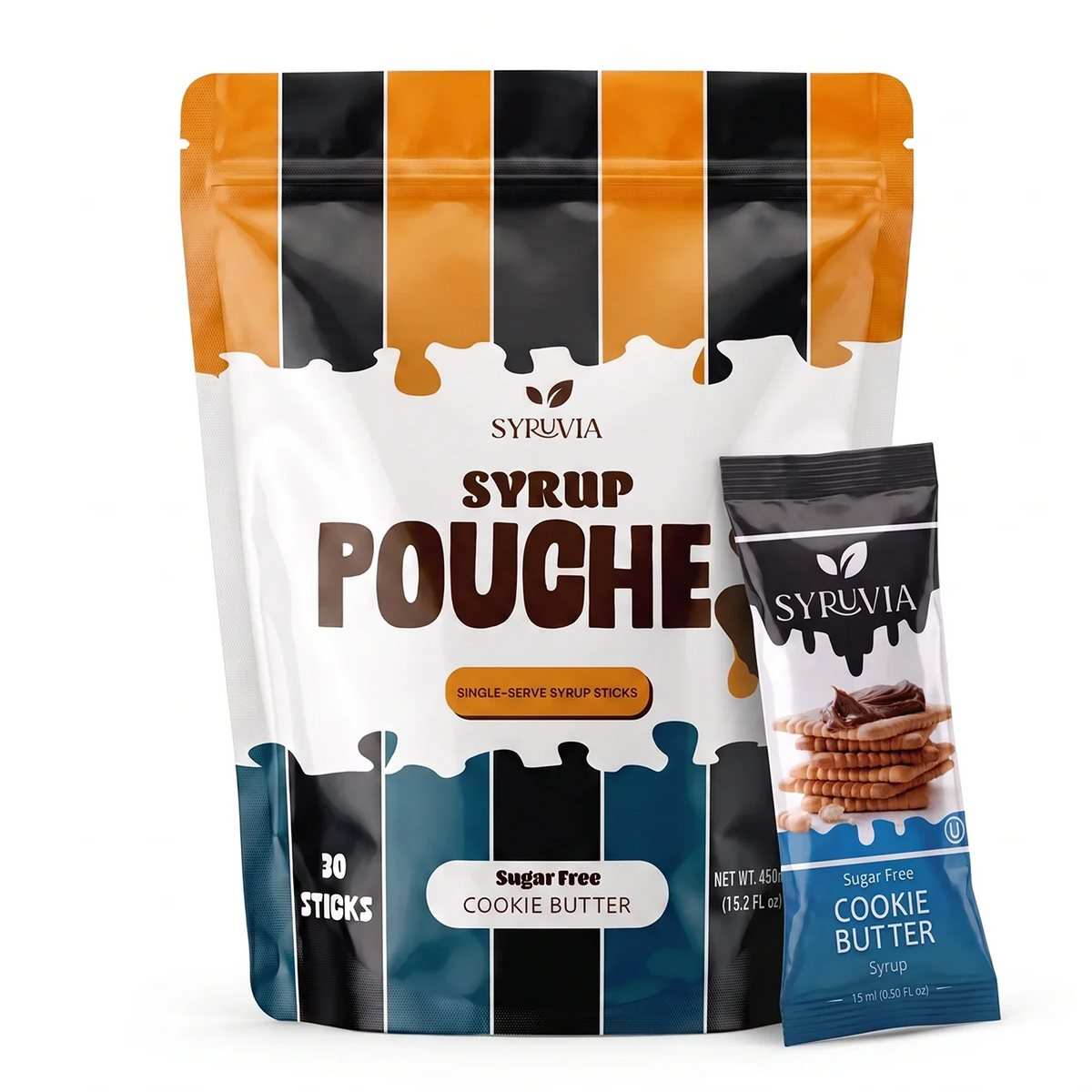 Syruvia Sugar-Free Cookie Butter Syrup pouches shown in a resealable pouch, ideal for flavoring desserts and beverages.