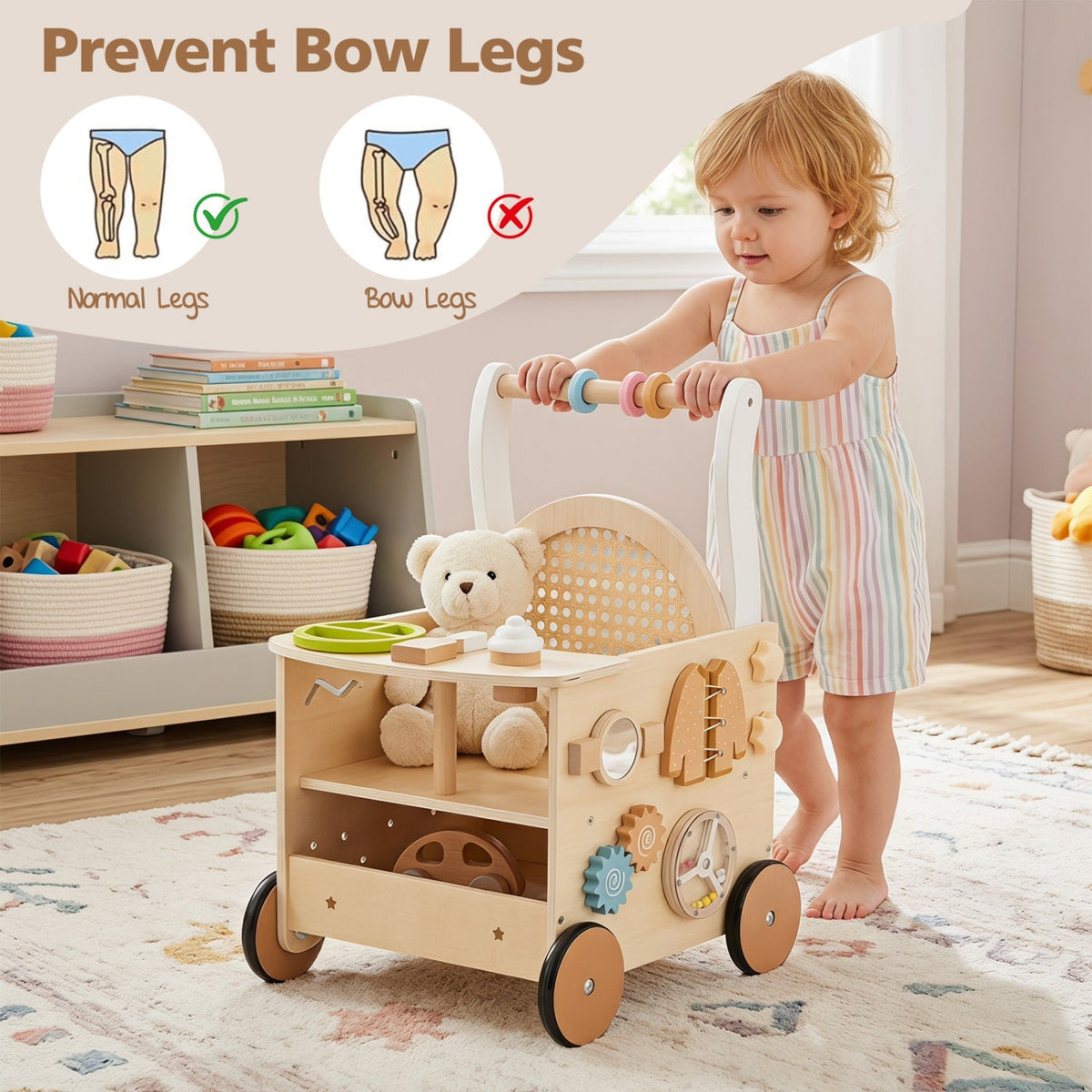 Wooden Baby Push Walker with 13-in-1 activity center and storage, made by GBruno Store, designed for early motor skill development.