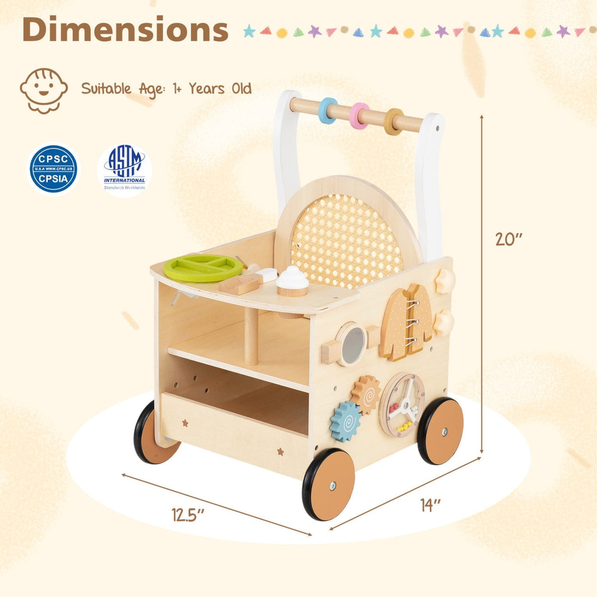 Wooden baby push walker with 13-in-1 activity center and storage by GBruno Store, featuring colorful toys and sturdy wooden design.