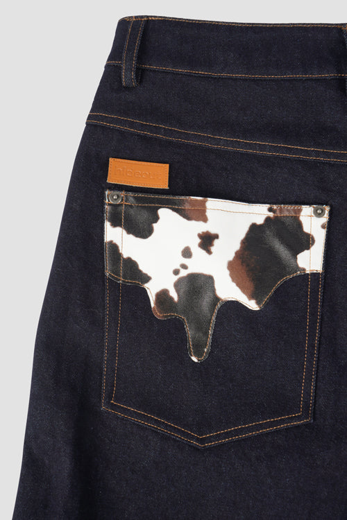 Hideout cow pocket denim jeans, stylish bottoms with unique cow pocket detail, made from durable denim fabric.