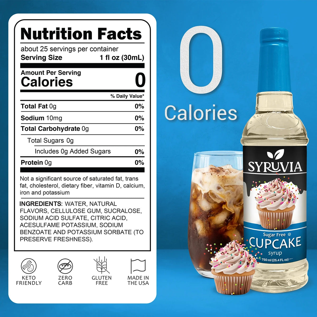 Bottle of Syruvia sugar-free cupcake syrup with a clear label, ideal for flavoring cupcakes and desserts
