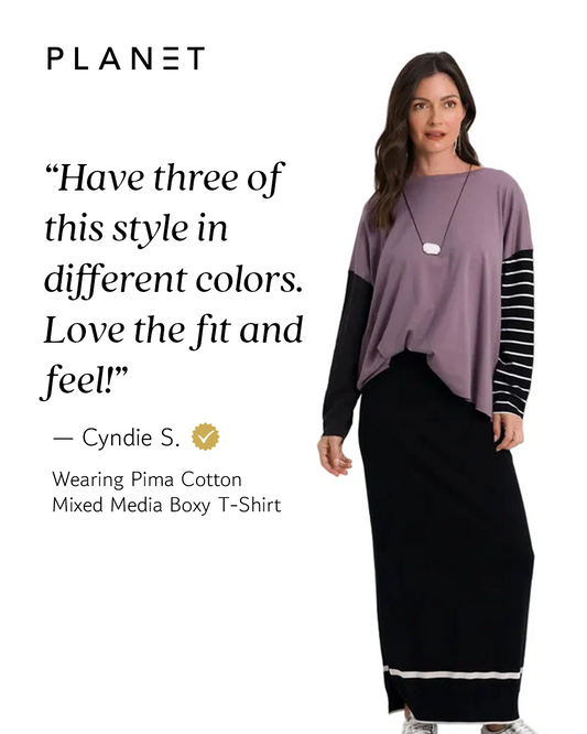 Cyndie wearing PLANET by Lauren G Pima Cotton Mixed Media Boxy T-Shirt in Capri, featuring a relaxed fit and mixed fabric details.