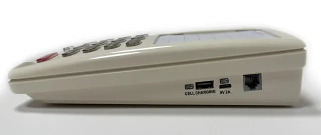 MedPat Solutions D520U landline console phone with USB-A and USB-C charging ports, shown from side angle.