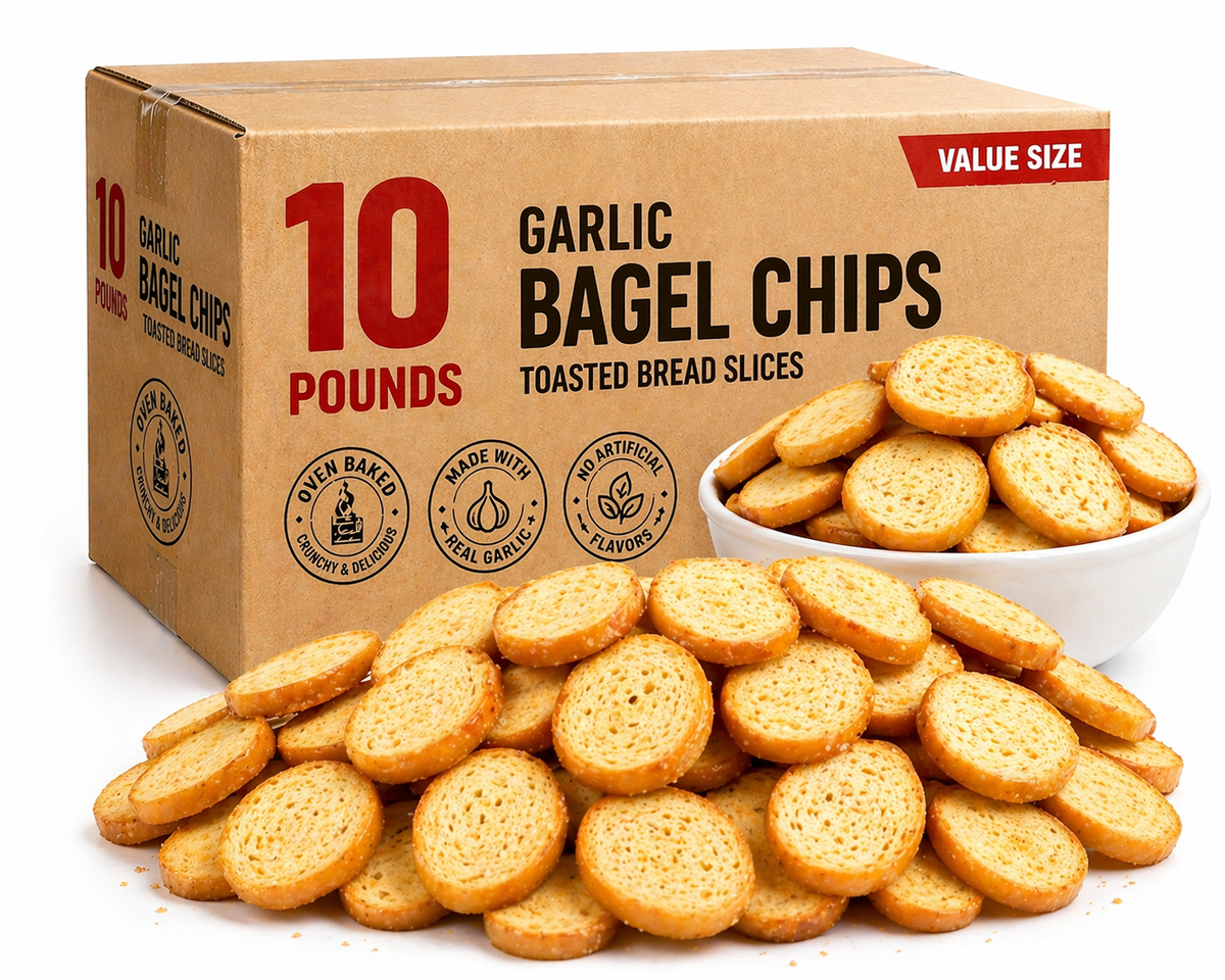 Garlic bagel chips snack by Candy In Bulk, showing crispy, golden-brown bagel chips with visible garlic seasoning.
