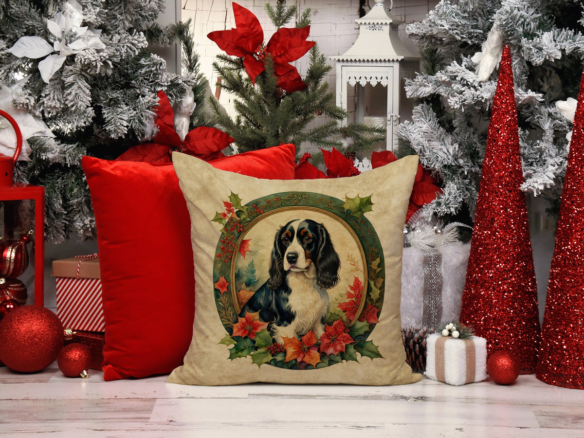 Decorative pillow featuring an English Springer Spaniel with Christmas flowers, by Caroline's Treasures. Perfect for holiday decor.