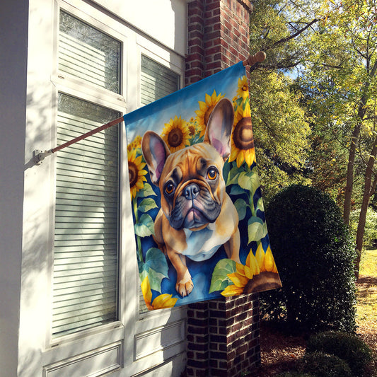 French Bulldog in Sunflowers house flag for flags and windsocks by Caroline's Treasures, featuring a charming dog design and sunflower pattern.