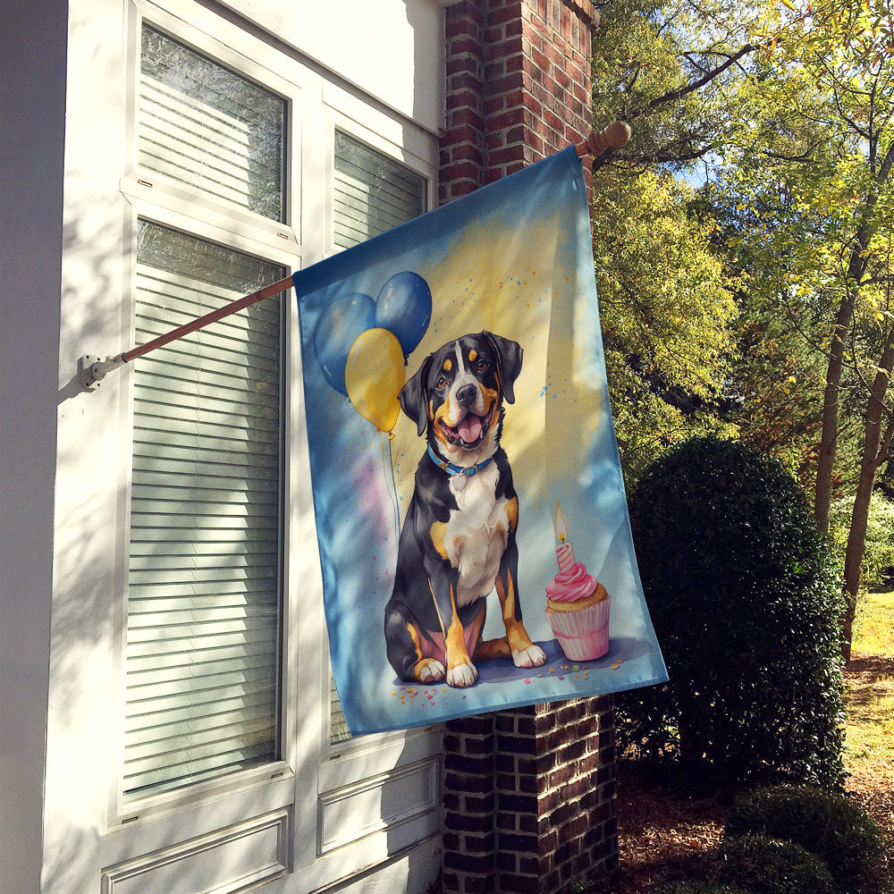 Entlebucher Mountain Dog Happy Birthday house flag from Caroline's Treasures, featuring a colorful birthday-themed design.