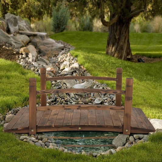 Solid dark wood 4-foot garden bridge with handrails, designed for outdoor garden pathways, by BACKUPMYFILESNOW®
