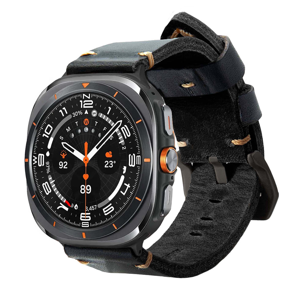 Robust Leather Strap R01 for Samsung Galaxy Watch Ultra, black leather band with textured finish for a stylish, comfortable fit.