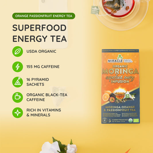 Organic Moringa Energy Tea by Miracle Tree with orange and passionfruit flavor, a natural coffee alternative, shown in a vibrant tea cup.