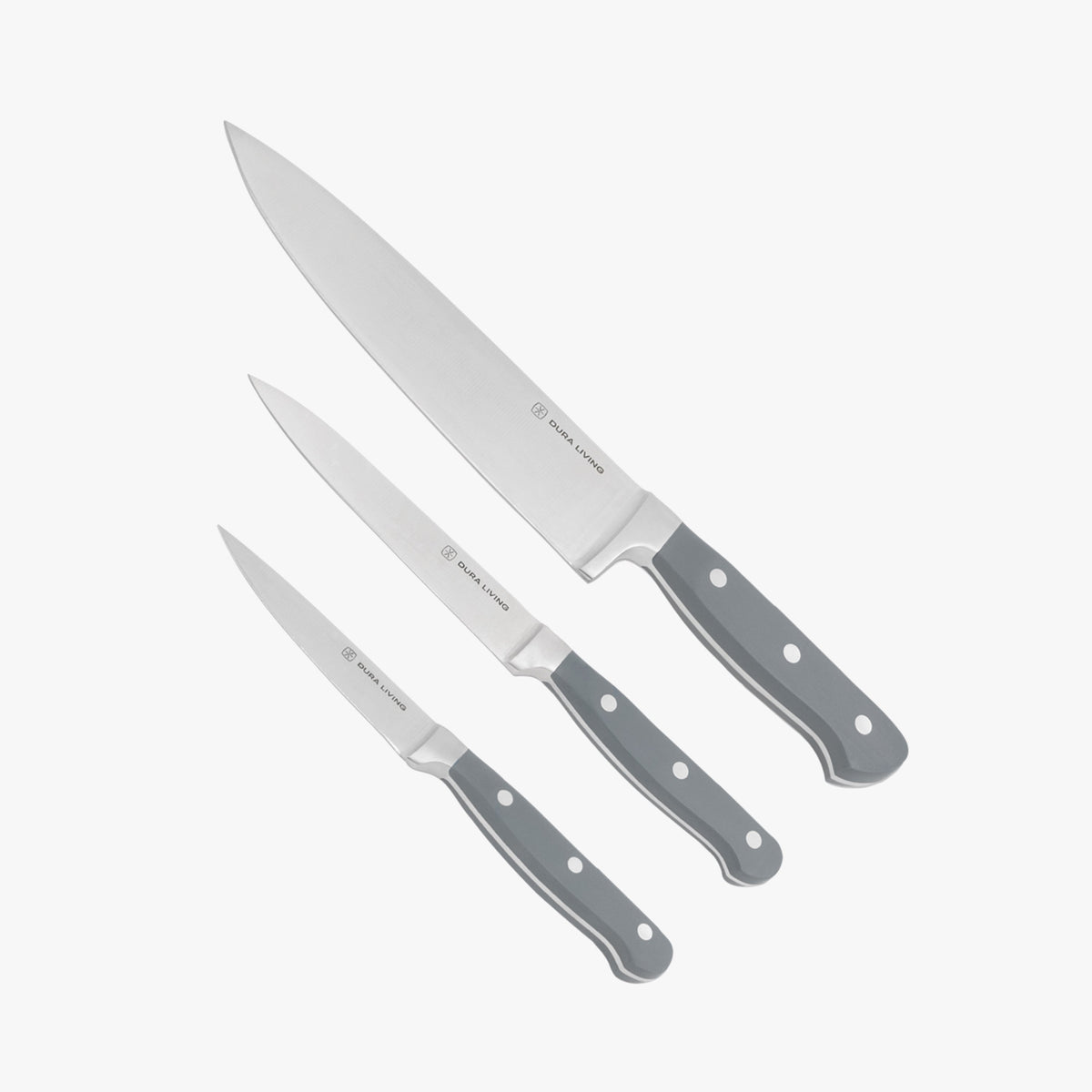 Dura Living Superior 3-piece gray kitchen knife set with stainless steel blades and ergonomic handles for precise cutting.